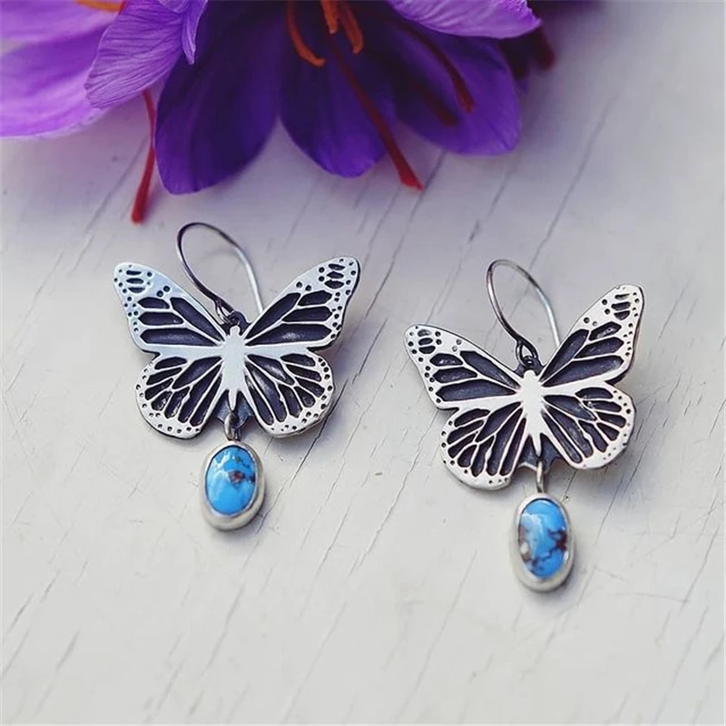Aretes de Mariposas con Piedra Azul Vintage